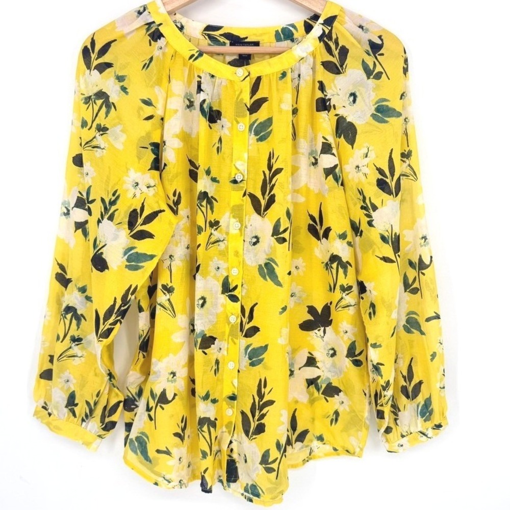 Ann‎ Taylor Yellow Floral Button Blouse Sheer Cotton Blend NWT S Airy Boho
